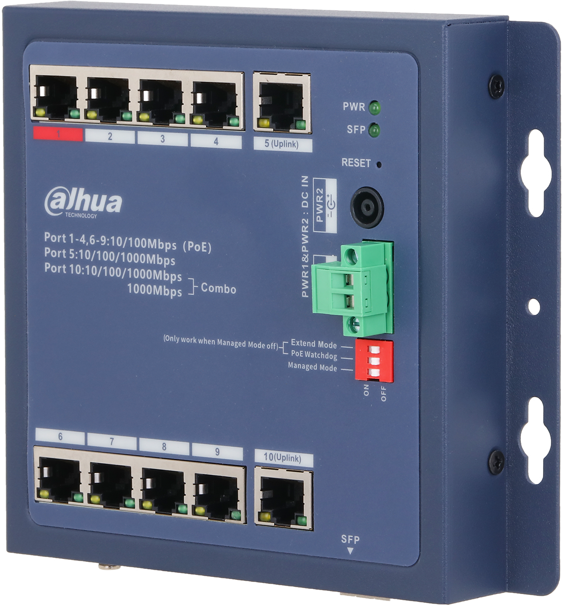 Dahua PoE-kytkin, 90W 8xPoE, SFP, seinäkiinnitys