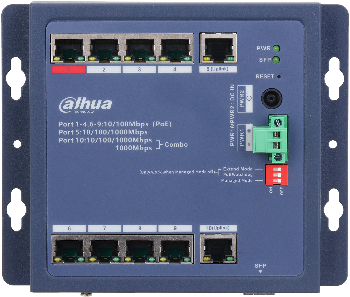 Dahua PoE-kytkin, 90W 8xPoE, SFP, seinäkiinnitys